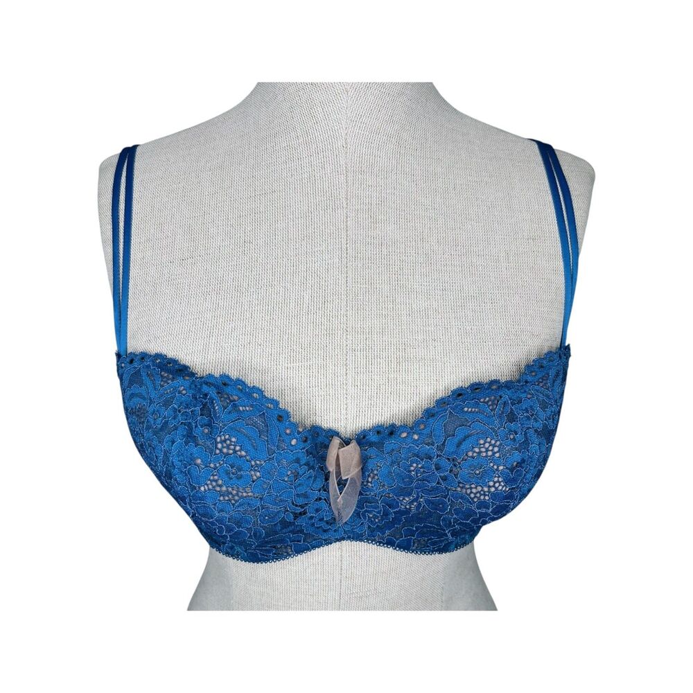 Wacoal B.Tempt'd Ciao Bella Balconette Bra sz 34D * Blue Beige Lace Lifting
